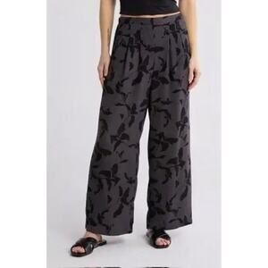 Nordstrom Rack Gray Black Floral Wide Leg Pull On Pants Sz L NWT